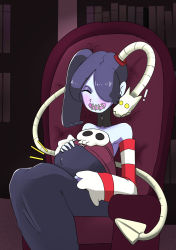 Rule 34 | !, 1girl, absurdres, blue hair, blue skin, blush, chair, closed eyes, colored skin, covered navel, detached collar, detached sleeves, drawfag, dress, hair over one eye, highres, leviathan (skullgirls), looking down, open mouth, pregnant, skullgirls, smile, solo, squigly (skullgirls), stitched mouth, stitches