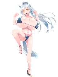 Rule 34 | 1girl, animal ear fluff, animal ears, armlet, bare shoulders, bikini, black bikini, breasts, claw pose, cleavage, collarbone, dairoku ryouhei, gigantic breasts, hands up, high heel sandals, high heels, highres, huge breasts, light particles, looking at viewer, lyselina falzena, navel, official art, one leg raised, ponytail, pubic tattoo, sandals, simple background, solo, swimsuit, tail, tattoo, tomoming, transparent background, underboob, white hair, wolf ears, wolf girl, wolf tail, yellow eyes