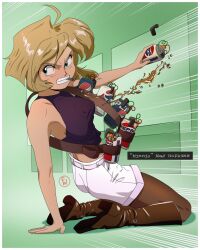 Rule 34 | 1girl, absurdres, angry, armpits, bandolier, blonde hair, breasts, crop top, explosive, fritz willie, green eyes, grenade, gunsmith cats, highres, improvised weapon, minnie may hopkins, pantyhose, pepsi, product placement, purple shirt, shirt, shorts, sleeveless, sleeveless shirt, solo, speed lines, white shorts