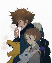 Rule 34 | 1boy, 1girl, :3, agumon, backpack, bag, blue eyes, blue scarf, blush, breath, brother and sister, brown hair, closed mouth, coat, cold, commentary, digimon, digimon (creature), digimon adventure 02, english commentary, closed eyes, from side, fur-trimmed coat, fur trim, glint, green coat, grey coat, hair ornament, highres, looking up, maro (lij512), nose blush, open mouth, purple eyes, scarf, sharp teeth, short hair, shoulder bag, siblings, simple background, smile, spiked hair, sweater, tailmon, teeth, turtleneck, turtleneck sweater, twitter username, upper body, white background, white sweater, yagami hikari, yagami taichi