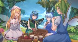 Rule 34 | antennae, aqua hair, basket, blonde hair, blue bow, blue dress, blue eyes, blue hair, blush, bow, butterfly wings, capelet, cirno, closed eyes, daiyousei, dress, eternity larva, fairy, fairy wings, food, green dress, green hair, hair between eyes, hair bow, hair ribbon, hat, highres, ice, ice wings, insect wings, leaf, leaf on head, lily white, long hair, long sleeves, multicolored clothes, multicolored dress, multiple girls, open mouth, picnic, picnic basket, ribbon, roke (taikodon), short hair, short sleeves, side ponytail, skirt, smile, tea, touhou, tree, wings