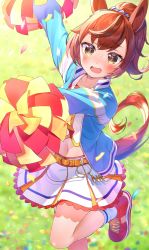Rule 34 | 1girl, :d, absurdres, animal ears, arm up, belt, blush, brown hair, cheerleader, confetti, crop top, ear ornament, grass, highres, holding, holding pom poms, horse ears, horse girl, horse tail, jacket, looking at viewer, medium hair, midriff, navel, nice nature (run&amp;win) (umamusume), nice nature (umamusume), o-ring, official alternate costume, open mouth, outstretched arms, pleated skirt, pom pom (cheerleading), pom poms, ponytail, scrunchie, shoes, skirt, smile, sneakers, socks, solo, standing, standing on one leg, tail, track jacket, umamusume, yellow eyes, yupiteru
