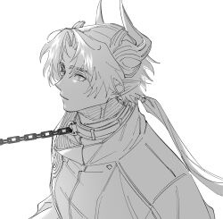 Rule 34 | 1boy, animal collar, arknights, chain, chain leash, chong yue (arknights), collar, commentary request, dragon boy, dragon horns, earrings, greyscale, highres, horns, jewelry, korean commentary, leash, leash pull, long hair, looking at viewer, low ponytail, male focus, monochrome, nills, parted lips, pointy ears, simple background, solo, upper body, white background