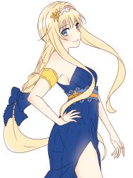Rule 34 | 1girl, alice zuberg, armlet, blonde hair, blue bow, blue dress, blue eyes, bow, braid, braided ponytail, breasts, cowboy shot, dress, from side, hair bow, hairband, hand on own hip, long hair, mady (madine08260), medium breasts, ponytail, side slit, sideboob, sidelocks, simple background, sleeveless, sleeveless dress, solo, standing, strapless, strapless dress, sword art online, thighs, very long hair, white background, white hairband