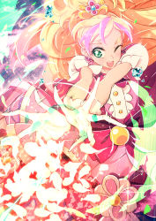 Rule 34 | 1girl, ;d, bad id, bad pixiv id, blonde hair, bow, cure flora, cure flora (mode elegant), dress, earrings, gloves, go! princess precure, green eyes, haruno haruka, jewelry, long hair, magic, magical girl, mode elegant (go! princess precure), motoki (hisano motoki), multicolored hair, one eye closed, open mouth, petals, pink hair, precure, puffy short sleeves, puffy sleeves, short sleeves, smile, solo, streaked hair, two-tone hair, waist bow