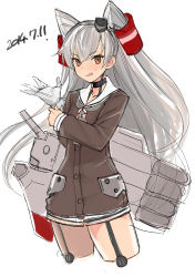 Rule 34 | 10s, 1girl, amatsukaze (kancolle), animal ears, brown eyes, choker, cropped legs, dated, dress, glove pull, headgear, highres, kantai collection, licking lips, long hair, mecha musume, rensouhou-kun, sailor collar, short dress, silver hair, single glove, sketch, solo, tetsu (kimuchi), tongue, tongue out, two side up
