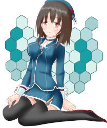 Rule 34 | 10s, 1girl, blush, breasts, brown hair, duan (duan2012), female focus, garter straps, hat, hexagon, highres, honeycomb (pattern), honeycomb background, honeycomb pattern, kantai collection, large breasts, looking at viewer, military, military uniform, panties, red eyes, sitting, solo, takao (kancolle), thighhighs, underwear, uniform