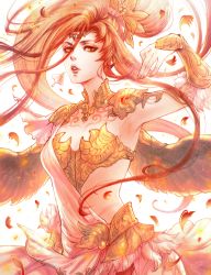 Rule 34 | 1girl, absurdres, armpits, azeyma, bandeau, chest tattoo, circlet, collar, falling feathers, feather trim, feathered wings, feathers, final fantasy, final fantasy xiv, hand up, head wreath, high ponytail, highres, leki ixion, long hair, looking at viewer, orange eyes, orange hair, parted lips, solo, tattoo, upper body, vambraces, white background, wings
