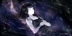 Rule 34 | 1girl, black hair, breasts, cleavage, collarbone, closed eyes, highres, karo karo, long hair, lying, milky way, on back, original, own hands together, partially submerged, reflection, reflective water, sky, solo, star (sky), starry sky, water
