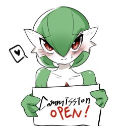 Rule 34 | 1girl, blush, bob cut, cheokcheokaksa, closed mouth, collarbone, colored skin, creatures (company), english text, female focus, flat chest, game freak, gardevoir, gen 3 pokemon, green hair, green skin, hair between eyes, hands up, happy, heart, highres, holding, holding sign, looking at viewer, multicolored skin, nintendo, pokemon, pokemon (creature), raised eyebrows, red eyes, short hair, sign, simple background, sketch, smile, solo, speech bubble, split mouth, spoken heart, straight-on, sweat, two-tone skin, upper body, white background, white skin
