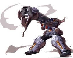 Rule 34 | absurdres, beast wars, beast wars neo, big convoy, commentary request, gun, highres, holding, holding gun, holding weapon, horns, maximal, mecha, nasutetsu, no humans, orange eyes, robot, simple background, smoke, transformers, weapon, white background