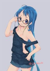 Rule 34 | 1girl, adjusting eyewear, bare shoulders, bespectacled, black-framed eyewear, blue eyes, blue hair, breasts, closed mouth, collarbone, commentary request, glasses, gradient hair, green hair, grey background, hand on own hip, kantai collection, long hair, malino (dream maker), multicolored hair, naked overalls, overalls, samidare (kancolle), sidelocks, simple background, small breasts, smile, solo, twitter username, very long hair