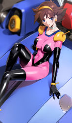 Rule 34 | 1girl, absurdres, blue eyes, bodysuit, breasts, brown hair, closed mouth, collar, collarbone, commentary request, earrings, g gundam, gloves, gundam, hair between eyes, hairband, highres, jewelry, lips, medium breasts, mobile trace suit, rain mikamura, shadow, shiny skin, short hair, shoulder pads, simple background, sitting, skin tight, solo, yd (orange maru), yellow hairband