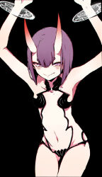 Rule 34 | 1girl, arms up, black background, blush, bound, bound arms, breasts, cowboy shot, esu (transc), fang, fate/grand order, fate (series), horns, looking at viewer, navel, oni, purple eyes, purple hair, revealing clothes, short hair, shuten douji (fate), simple background, skin-covered horns, small breasts, smile, solo, thigh gap