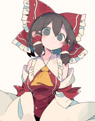 Rule 34 | 1girl, ascot, bare shoulders, black eyes, black hair, blush, bow, closed mouth, detached sleeves, hair between eyes, hair bow, hair tubes, hakurei reimu, highres, japanese clothes, massakasama, medium hair, nontraditional miko, orange ascot, red bow, sidelocks, solo, touhou, white background, wide sleeves