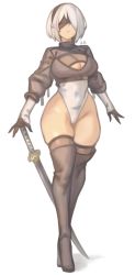 Rule 34 | 1girl, 2b (nier:automata), absurdres, black blindfold, black thighhighs, blindfold, boots, breasts, cleavage, cleavage cutout, clothing cutout, curvy, gloves, hairband, highleg, highleg leotard, highres, holding, holding sword, holding weapon, kelvin hiu, large breasts, leotard, long sleeves, mole, mole under mouth, nier:automata, nier (series), puffy sleeves, shiny skin, short hair, simple background, solo, sword, thighhighs, thong leotard, weapon, white hair, white leotard, wide hips
