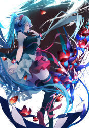 Rule 34 | 1girl, 7th dragon, 7th dragon (series), 7th dragon 2020, 7th dragon 2020-ii, absurdly long hair, aqua hair, closed eyes, floating hair, gradient background, hatsune miku, headphones, highres, long hair, open mouth, petals, ping (0723), simple background, skirt, solo, thighhighs, twintails, very long hair, vocaloid