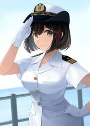Rule 34 | 1girl, black hair, brown eyes, buttons, closed mouth, gloves, haguro (kancolle), hair between eyes, hat, kantai collection, military uniform, naval uniform, peaked cap, short hair, short sleeves, smile, solo, tomoyo kai, uniform, upper body, white gloves, white hat