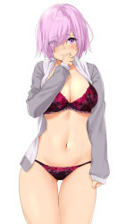 Rule 34 | 1girl, alternate costume, blush, bra, breasts, cleavage, fate/grand order, fate (series), grey jacket, hair over one eye, highres, hood, hooded jacket, jacket, large breasts, light purple hair, long sleeves, looking at viewer, mash kyrielight, murio, navel, open clothes, open jacket, panties, purple bra, purple eyes, purple panties, short hair, simple background, smile, solo, stomach, thighs, underwear, white background