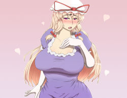 Rule 34 | 1girl, blonde hair, blush, breasts, cleavage, elbow gloves, female focus, gloves, hat, heart, huge breasts, long hair, open mouth, purple eyes, simple background, solo, standing, tanishi (tani4), touhou, yakumo yukari