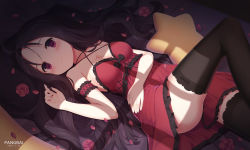 Rule 34 | 1girl, ahoge, artist name, ass, bare arms, bare shoulders, black bow, black hair, black thighhighs, blush, bow, breasts, cleavage, closed mouth, collarbone, commentary request, criss-cross halter, dated, dress, dress bow, flower, frilled dress, frills, halterneck, hand up, heart, heart-shaped pupils, highres, knee up, long hair, looking at viewer, lying, medium breasts, on back, original, pangbai 666, petals, red dress, rose, sleeveless, smile, solo, star-shaped pillow, symbol-shaped pupils, thighhighs