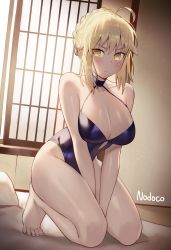 Rule 34 | absurdres, ahoge, alternate breast size, artoria pendragon (all), artoria pendragon (alter swimsuit rider) (fate), artoria pendragon (fate), backlighting, bad id, bad pixiv id, bed, between legs, blonde hair, blue one-piece swimsuit, braid, braided bun, breasts, choker, cleavage, closed mouth, commentary request, dutch angle, fate/grand order, fate/stay night, fate (series), french braid, frown, full body, hair between eyes, hair bun, halterneck, hand between legs, highres, indoors, kneeling, large breasts, nodoco, one-piece swimsuit, pillow, saber (fate), saber alter, scowl, shiny skin, shouji, sidelocks, signature, single hair bun, sliding doors, swimsuit, thighs, v-shaped eyebrows, yellow eyes