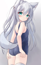 Rule 34 | 1girl, animal ear fluff, animal ears, ass, bad id, bad twitter id, blue one-piece swimsuit, breasts, expressionless, green eyes, grey background, grey hair, hair bobbles, hair ornament, hand on own ass, highres, long hair, mochizuki riku, one-piece swimsuit, original, school swimsuit, simple background, small breasts, solo, swimsuit, tail, thighhighs, thighs, two side up, white thighhighs, wolf ears, wolf tail
