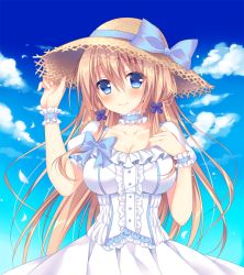 Rule 34 | 1girl, blonde hair, blue ribbon, blue sky, blush, breasts, choker, cleavage, cloud, collarbone, cowboy shot, day, dress, frilled choker, frills, hair ornament, hand on headwear, hand on own chest, hat, hat ribbon, impossible clothes, impossible dress, light particles, long hair, looking at viewer, medium breasts, original, outdoors, puffy short sleeves, puffy sleeves, ribbon, short sleeves, sky, smile, solo, sorai shin&#039;ya, standing, straw hat, white dress, wrist cuffs