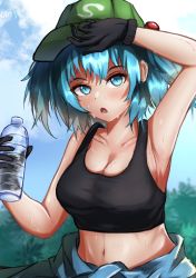Rule 34 | 1girl, armpits, black tank top, blue eyes, blue hair, bottle, clothes around waist, cloud, cloudy sky, green headwear, highres, holding, holding bottle, kawashiro nitori, navel, open mouth, saito sans, shirt, shirt around waist, sky, solo, sweat, tank top, touhou, water bottle, wiping face