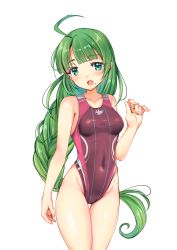 Rule 34 | 1girl, absurdres, adapted costume, blue eyes, braid, breasts, character name, competition swimsuit, covered navel, cowboy shot, green hair, highleg, highleg swimsuit, highres, kantai collection, long hair, looking at viewer, mole, mole under mouth, one-piece swimsuit, simple background, single braid, small breasts, solo, swimsuit, thigh gap, tongue, tongue out, very long hair, white background, yashin (yasinz), yuugumo (kancolle), zoom layer