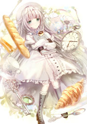 Rule 34 | .live, 1girl, animal ears, baguette, black gloves, blunt bangs, blush, book, boots, bread, closed mouth, commentary request, dress, food, gloves, grey footwear, hat, high heel boots, high heels, highres, hugging object, jug (bottle), key, knee boots, kneehighs, long hair, long sleeves, looking at viewer, merry milk, missile228, pitcher (container), pocket, puffy long sleeves, puffy sleeves, roman numeral, sheep ears, silver hair, smile, socks, solo, very long hair, virtual youtuber, white dress, white hat, white socks, white theme