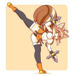 Rule 34 | 1girl, animal ears, animalization, antenna hair, artist request, blazblue, boots, breasts, brown eyes, brown hair, eyebrows, furry, furry female, kicking, makoto nanaya, midriff, navel, open mouth, short hair, skirt, solo, squirrel, squirrel tail, tail, thighhighs, underboob, weapon