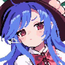 Rule 34 | 1girl, ahiru tokotoko, black headwear, blue hair, bow, bowtie, closed mouth, commentary request, hinanawi tenshi, long hair, looking at viewer, peach hat ornament, pixel art, red bow, red bowtie, red eyes, simple background, solo, touhou, upper body, white background