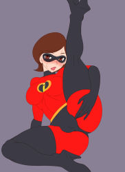 Rule 34 | 1girl, ass, blush, bodysuit, breasts, brown eyes, brown hair, cameltoe, cleavage, curvy, damu otoko, disney, domino mask, elastigirl, female focus, helen parr, high heels, hip focus, huge ass, large breasts, leg up, lipstick, looking at viewer, lying, makeup, mask, mature female, open mouth, plump, short hair, simple background, skin tight, solo, spread legs, sweat, the incredibles, thick thighs, thighs, wide hips