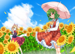 Rule 34 | 2girls, ascot, black shirt, blonde hair, blue eyes, blue sky, bow, cloud, collared shirt, day, expressionless, flower, flower field, frilled skirt, frills, garden of the sun, green hair, hair between eyes, hair ribbon, hand in own hair, highres, holding, holding umbrella, kazami yuuka, long sleeves, looking at another, looking at viewer, mameda (artist), medicine melancholy, multiple girls, parasol, parted lips, petals, plaid, plaid skirt, plaid vest, red eyes, red skirt, red vest, ribbon, ribbon-trimmed clothes, ribbon-trimmed skirt, ribbon trim, shirt, short hair, skirt, skirt set, sky, smile, stand, sunflower, sunflower field, touhou, umbrella, vest, white legwear, white shirt, wind