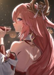 Rule 34 | 1girl, animal ears, back, back focus, bare shoulders, blush, brown background, cup, detached collar, detached sleeves, fox ears, from behind, genshin impact, hair between eyes, hair ornament, highres, holding, holding cup, horn/wood, lens flare, long hair, long sleeves, looking at viewer, looking back, parted lips, pink hair, profile, purple eyes, shoulder blades, simple background, smile, solo, upper body, very long hair, yae miko