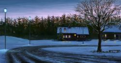 Rule 34 | bench, evening, house, lamppost, no humans, road, scenery, sky, snow, street, tree, twilight, winter