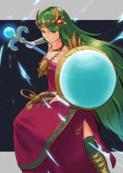 Rule 34 | 1girl, absurdres, alternate color, breasts, cleavage, collarbone, diadem, dress, forehead jewel, green eyes, green hair, highres, holding, holding staff, kid icarus, kid icarus uprising, long hair, looking at viewer, medium breasts, nabe ken, nintendo, palutena, shield, solo, staff, strapless, strapless dress, super smash bros., thighhighs, vambraces, very long hair