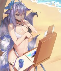 Rule 34 | 1girl, animal ears, antenna hair, azur lane, bare arms, bare shoulders, bikini, black bikini, black choker, blue nails, breasts, chinese commentary, choker, cleavage, commentary request, cowboy shot, criss-cross halter, fox ears, fox mask, fox tail, hair between eyes, halterneck, hand up, holding, holding brush, large breasts, long hair, mask, mask on head, multicolored bikini, multicolored clothes, multiple tails, nail polish, navel, paintbrush, purple eyes, purple hair, qingjiao rou si, solo, standing, stomach, swimsuit, tail, thick eyebrows, thigh strap, tosa (azur lane), tosa (hometown zest) (azur lane), very long hair, white bikini