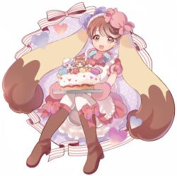 Rule 34 | 1girl, animal ears, apron, boots, bow, brown eyes, brown footwear, brown hair, cake, candy hair ornament, candy lapin (show by rock!!), chokiyurui (show by rock!!), collar, cream teddy (show by rock!!), dress, drop shadow, food, food-themed hair ornament, full body, gloves, hair bow, hair ornament, heart, holding, holding tray, jpeg artifacts, kamo (purin), knee boots, knees together feet apart, open mouth, oven mitts, pig macaron (show by rock!!), pink bow, pink dress, pink gloves, puffy short sleeves, puffy sleeves, rabbit ears, short sleeves, show by rock!!, sitting, smile, tray, white apron, white background