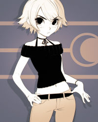 Rule 34 | 1girl, bare shoulders, belt, belt buckle, blonde hair, blush, bracelet, buckle, closed mouth, collarbone, colored skin, contrapposto, cowboy shot, crop top, eyebrows, female focus, halterneck, hand on own hip, hands on own hips, highres, hip focus, ilya kuvshinov, jewelry, limited palette, looking at viewer, midriff, monochrome, navel, off shoulder, original, pants, serious, short hair, solo, standing, stomach, swept bangs, white skin