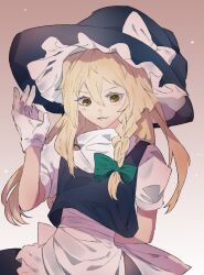 Rule 34 | 1girl, apron, arm behind back, black bow, black hat, black vest, blonde hair, blush, bow, braid, frilled hat, frills, hair between eyes, hair bow, hat, hat bow, highres, ikurauni, kirisame marisa, long hair, looking at viewer, ok sign, puffy short sleeves, puffy sleeves, short sleeves, side braid, single braid, smile, solo, touhou, vest, waist apron, white apron, white bow, witch hat, yellow eyes