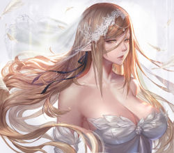 Rule 34 | 1girl, bare shoulders, blonde hair, breasts, bridal veil, bride, cleavage, detached sleeves, dress, feathers, gtunver, hair ribbon, half-closed eyes, kiss-shot acerola-orion heart-under-blade, large breasts, long hair, monogatari (series), oshino shinobu, pointy ears, revision, ribbon, solo, veil, wedding dress, white feathers, yellow eyes