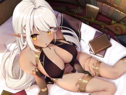 Rule 34 | 1girl, :o, absurdres, arm at side, armlet, bare shoulders, bed, bed sheet, between legs, blush, book, book stack, bookshelf, breasts, bridal gauntlets, cleavage, collarbone, dark-skinned female, dark elf, dark skin, ear piercing, elf, eyes visible through hair, female focus, hair between eyes, hair intakes, hair ornament, hand between legs, highres, huge filesize, indoors, large breasts, leaf, long hair, looking at viewer, navel, non-web source, on bed, open mouth, original, piercing, pillow, pointy ears, shiika yuno, sitting, solo, stomach, swept bangs, thighlet, very long hair, wand, white hair, x hair ornament, yellow eyes