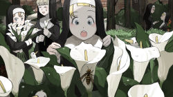 Rule 34 | 5girls, :&lt;, :d, ^ ^, bird, blonde hair, blue eyes, blush, brick wall, brown eyes, brown hair, bush, calla lily, chicken, chili pepper, closed eyes, clumsy nun (diva), dew drop, diva (hyxpk), door, duck, flower, froggy nun (diva), habit, hand up, hiding, highres, holding, holding behind back, holding flower, hugging object, leaf, little nuns (diva), multiple girls, nervous sweating, nun, open mouth, outstretched hand, paper airplane, plant, potted plant, round teeth, sheep nun (diva), smile, spicy nun (diva), strict nun (diva), sweat, sweatdrop, teeth, traditional nun, tree, veil, wall, wasp, water drop, wooden door