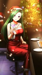 Rule 34 | 1girl, bare arms, bow, breasts, christmas, christmas tree, cleavage, closed mouth, cocktail glass, collarbone, cup, doukyuusei another world, dress, drinking glass, earrings, fur-trimmed headwear, fur trim, game cg, green hair, hat, hat bow, indoors, jewelry, kakyuusei, large breasts, long dress, long hair, mitsuki shizuka, necklace, red dress, red eyes, red hat, santa hat, sitting, smile, solo, strapless, strapless dress, very long hair, yellow bow