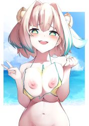 Rule 34 | 1girl, bikini, blonde hair, blue eyes, blue hair, bombergirl, bottomless, breasts, breasts squeezed together, cleavage, cloud, colored tips, fang, grenade hair ornament, groin, highres, horizon, large breasts, looking at viewer, multicolored hair, navel, nipples, nouka, ocean, open mouth, oppai loli, out-of-frame censoring, outdoors, pine (bombergirl), short hair, smile, solo, streaked hair, swimsuit, upper body, v, yellow bikini, yellow pupils