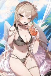 Rule 34 | 1girl, alternate costume, angel wings, bikini, black bikini, blue archive, blue sky, blurry, braid, breasts, brown eyes, cleavage, cloud, cloudy sky, collarbone, commentary request, crown braid, cup, depth of field, drinking, drinking glass, drinking straw, drinking straw in mouth, feathered wings, flower, grey hair, groin, hair between eyes, hair flower, hair ornament, halo, head tilt, highres, holding, holding cup, horizon, long hair, looking at viewer, medium breasts, nagisa (blue archive), navel, ocean, outdoors, shadowsinking, sidelocks, single braid, sitting, sky, solo, stomach, swimsuit, thighlet, white wings, wings