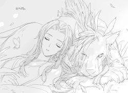 Rule 34 | 11mtri, 1boy, 1girl, aerith gainsborough, animal, braid, bug, butterfly, closed eyes, final fantasy, final fantasy vii, final fantasy vii remake, greyscale, insect, jacket, unworn jacket, lying, monochrome, open mouth, parted bangs, red xiii, sidelocks, sketch, sleeping, square enix