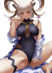 Rule 34 | 1girl, animal ears, ankh necklace, arknights, armlet, bare shoulders, barefoot, black one-piece swimsuit, breasts, cameltoe, carnelian (arknights), carnelian (shimmering dew) (arknights), casual one-piece swimsuit, cleavage, closed mouth, covered navel, dark-skinned female, dark skin, finger to mouth, gino (gino h), goat ears, goat girl, goat horns, grey hair, highres, horn ornament, horns, jewelry, large breasts, long sleeves, looking at viewer, necklace, official alternate costume, one-piece swimsuit, red eyes, see-through, short hair, simple background, sitting, smile, smug, solo, spread legs, swimsuit, thigh strap, white background